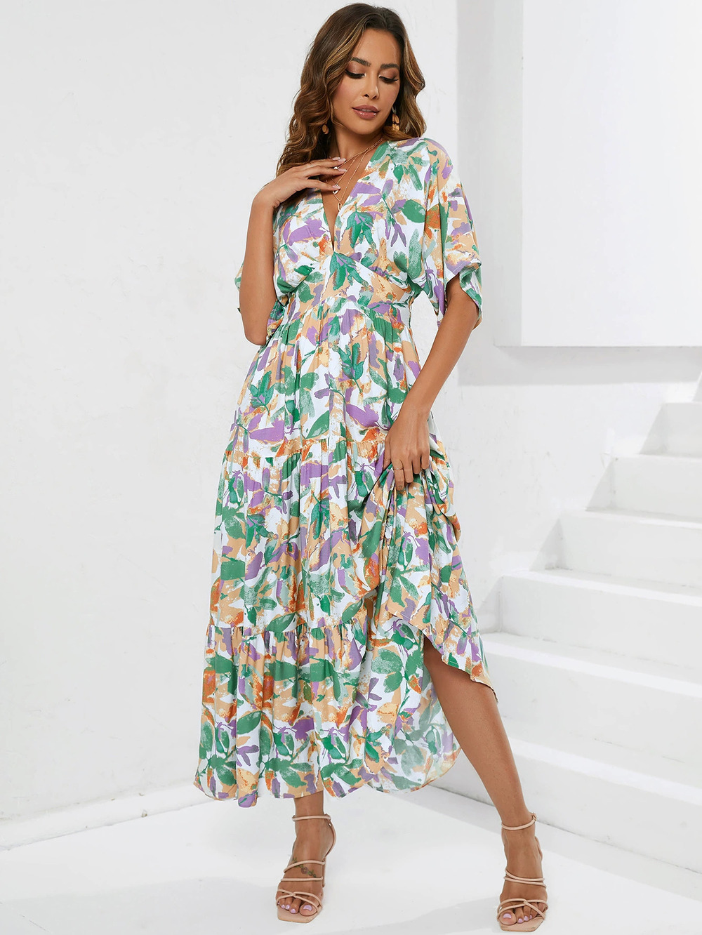 ZARA Womens Summer Batwing Sleeve V Neck Cinched Waist Long Beach Vacation Dress